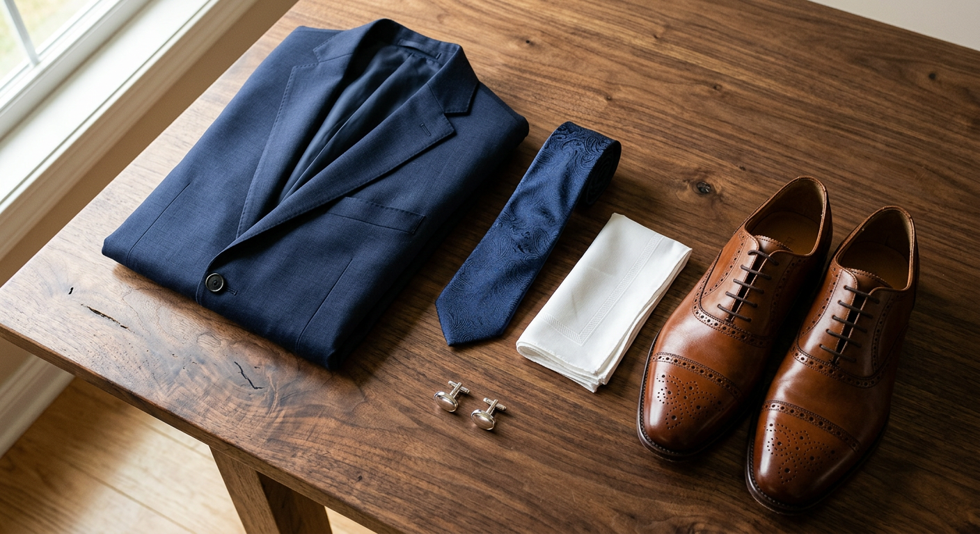 Folded navy jacket, silk tie, pocket square, cufflinks and polished brown leather shoes on a wooden table